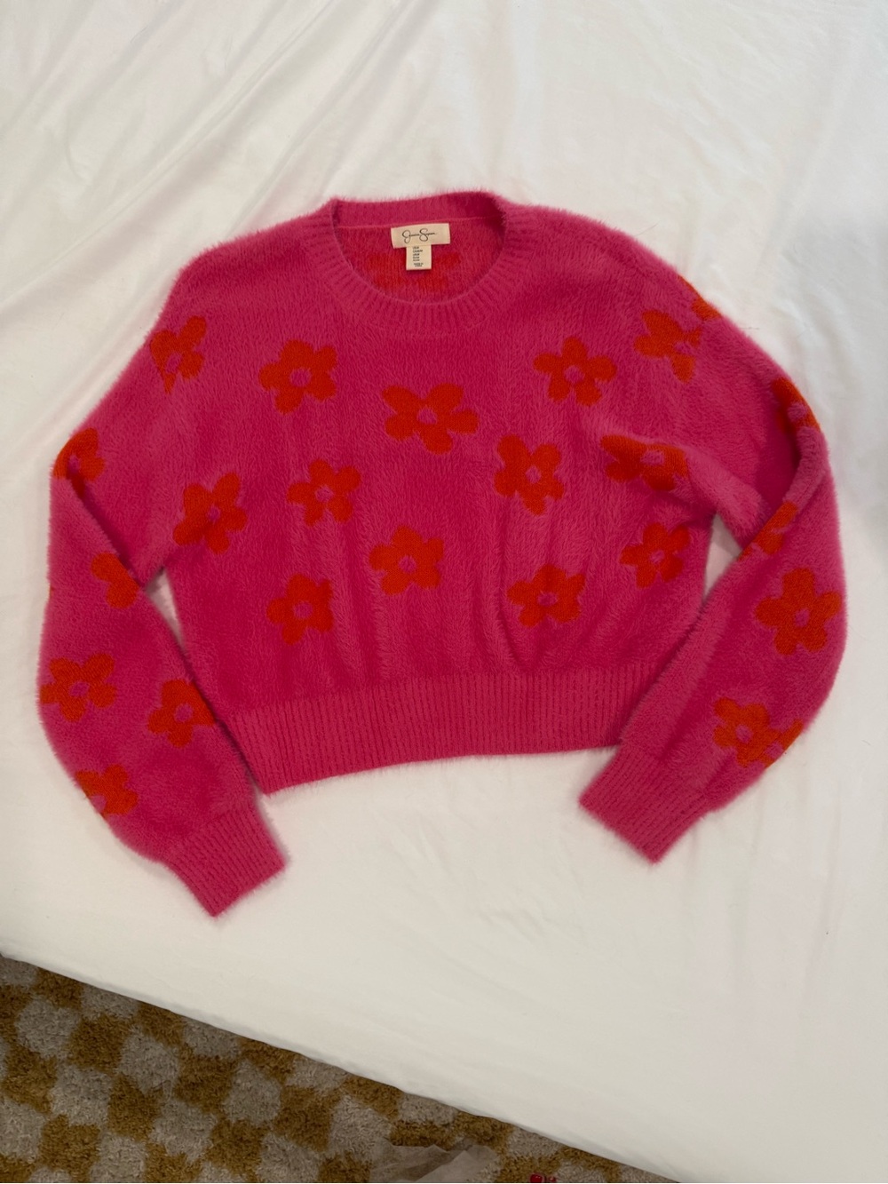 Jessica Simpson Pink Floral Retro Fuzzy Crewneck Sweater Slightly Cropped
